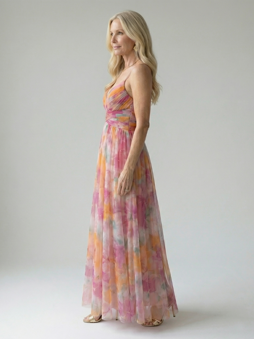 Multicolor sleeveless soft-wrap maxi dress with V-neck and flowing skirt