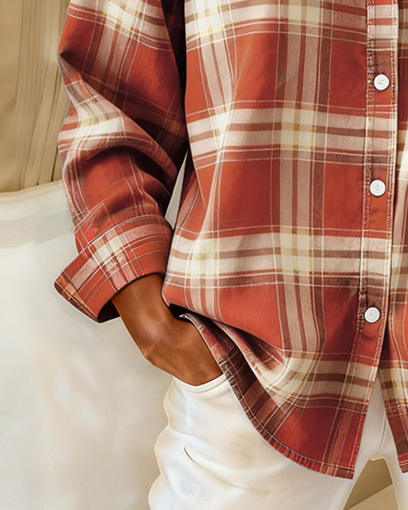 Plaid button-up shirt with notched collar, orange and white check, rolled long sleeve