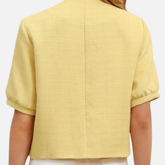Back view cropped yellow tweed blazer jacket with short sleeves and center seam