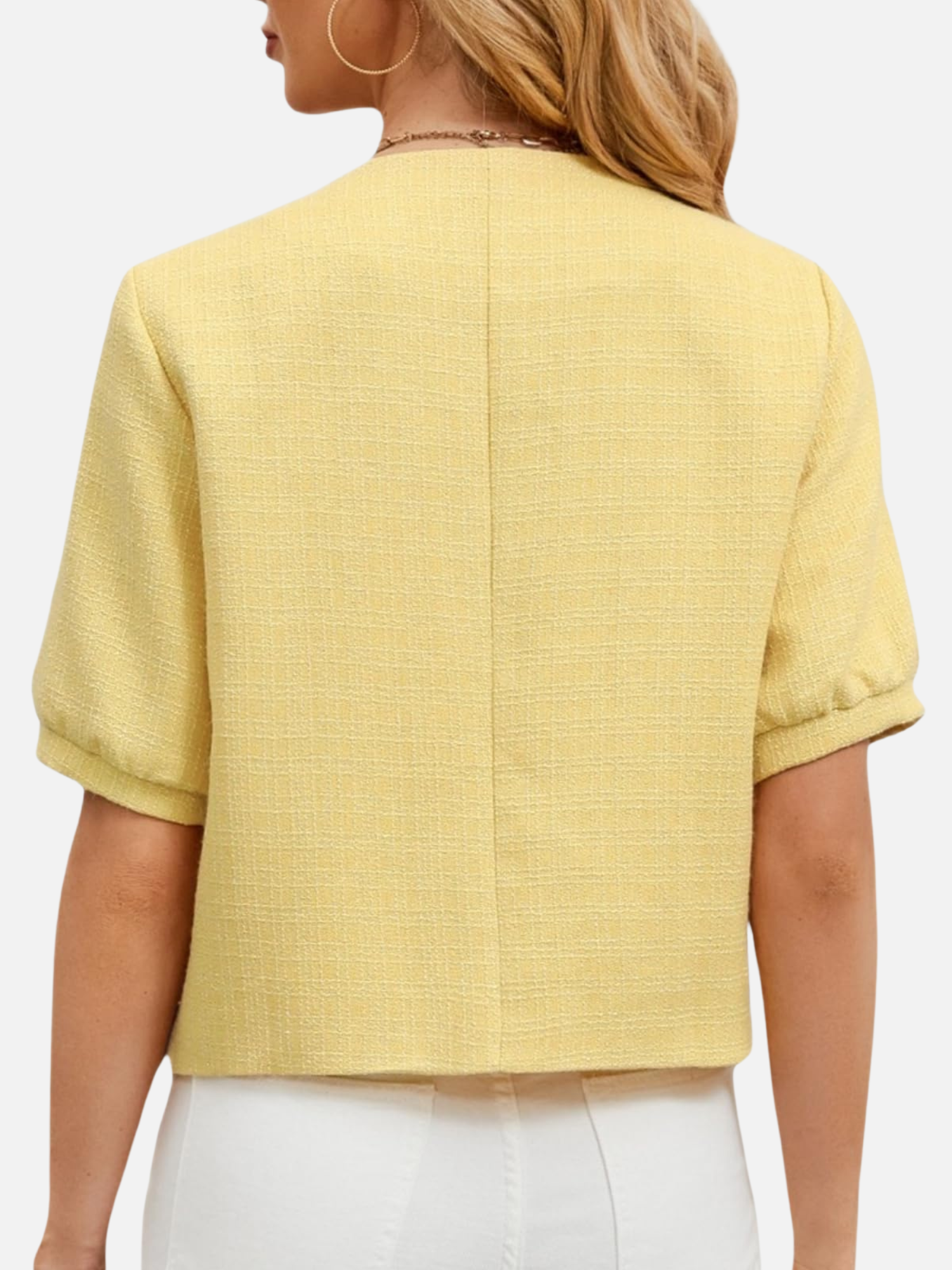Back view cropped yellow tweed blazer jacket with short sleeves and center seam