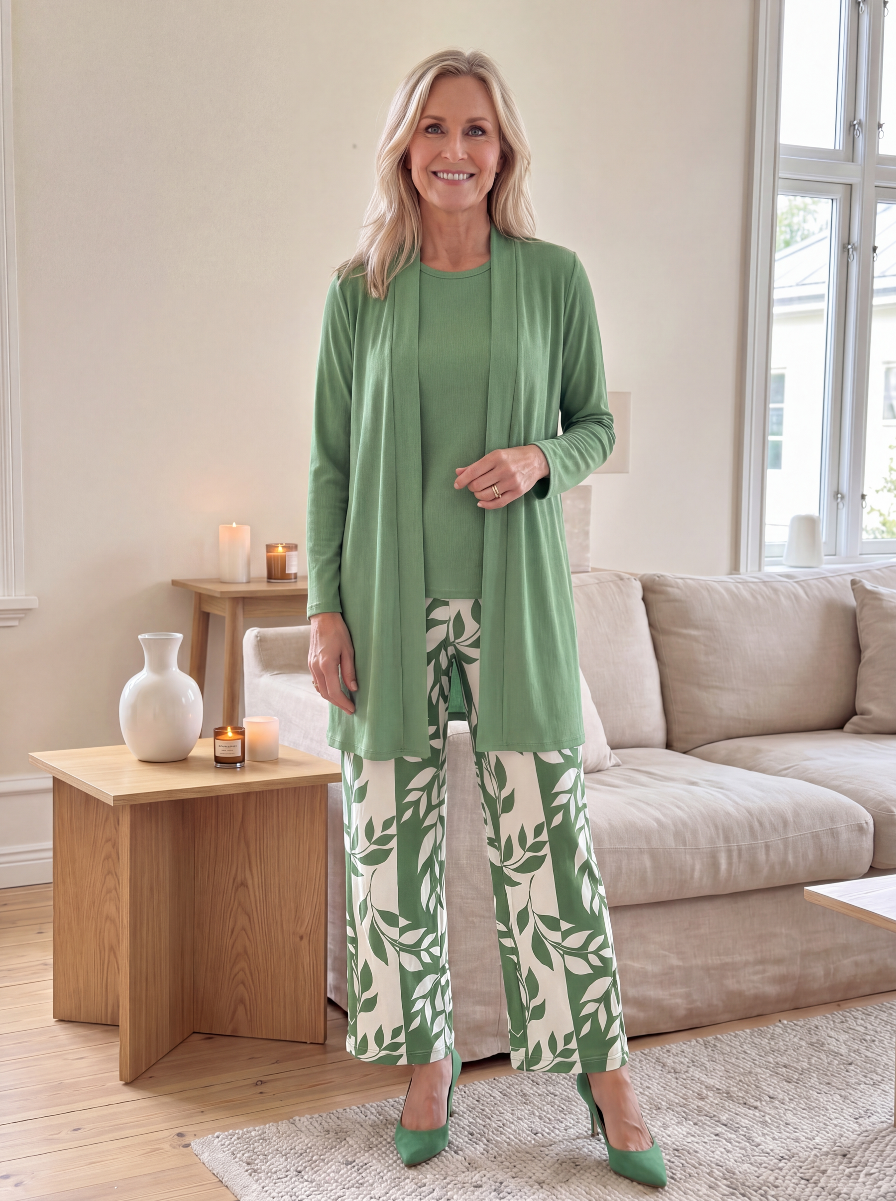 Green three-piece set: tunic top, matching cardigan, leaf-print wide-leg pants