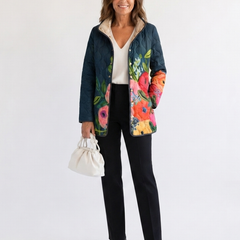Quilted floral print jacket with dark blue base, button front and side pockets