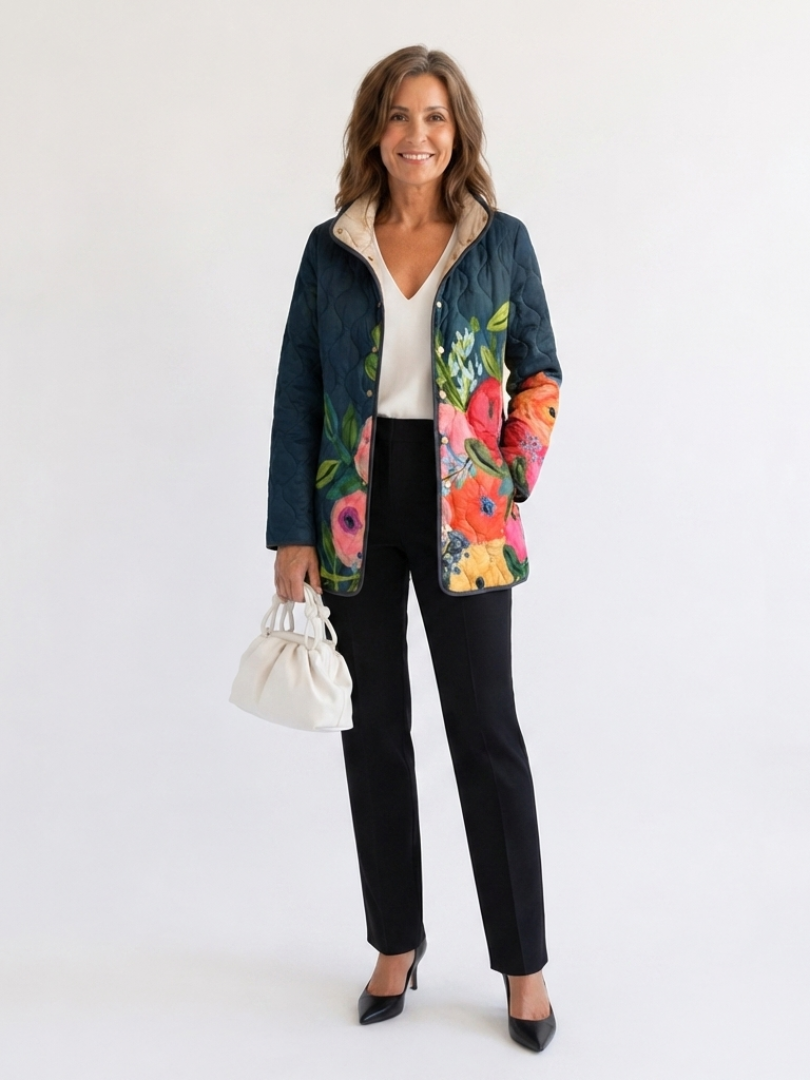 Quilted floral print jacket with dark blue base, button front and side pockets