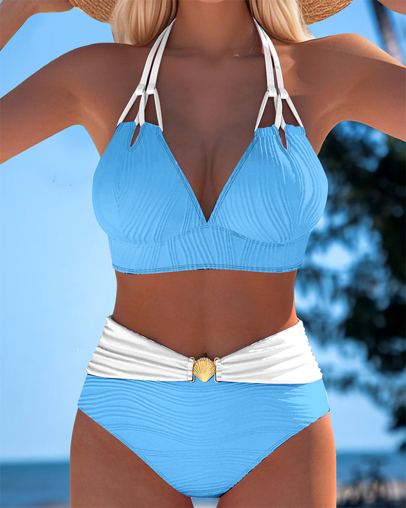 Women’s high-waisted double strap swimsuit, light blue top with white contrast, striped