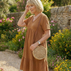 Brown woven ease dress, V-neck and tiered ruffle hem with short sleeves