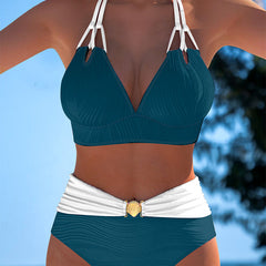 Women’s high-waisted double strap swimsuit, dark teal top with white contrast, striped
