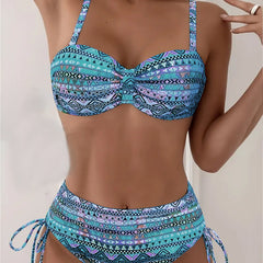 Printed bikini set with underwire cups and ruched tie-side bottoms in blue mix.