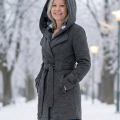 Plaid-collar wool coat, gray, hooded with belt and front buttons