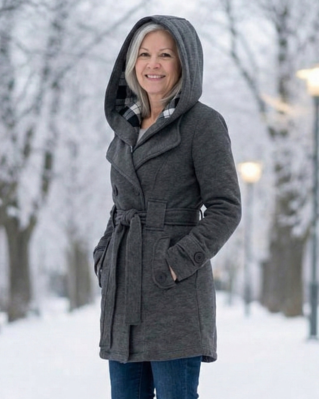 Plaid-collar wool coat, gray, hooded with belt and front buttons