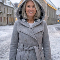 Plaid-collar wool coat, light gray, hooded front with belt and button tabs