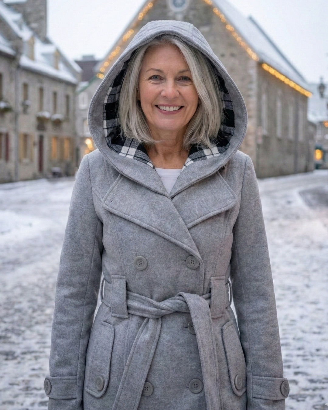 Plaid-collar wool coat, light gray, hooded front with belt and button tabs