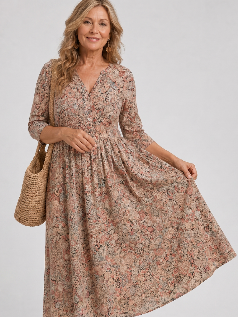 Beige floral midi dress with V-neck, three-quarter sleeves, and flowing skirt