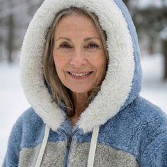 Colorblock plush hoodie jacket hood, blue outer with cream lining and front zipper