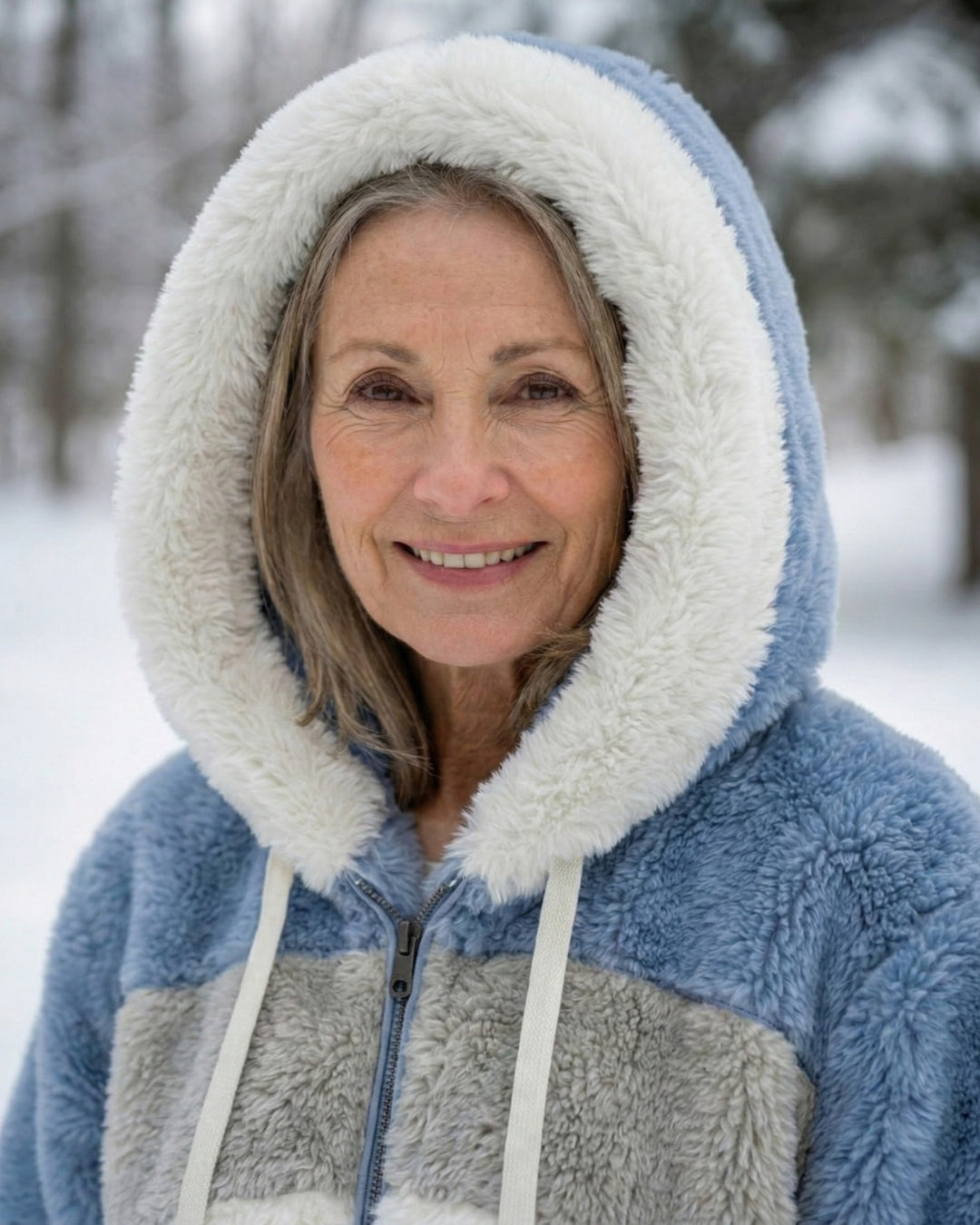 Colorblock plush hoodie jacket hood, blue outer with cream lining and front zipper