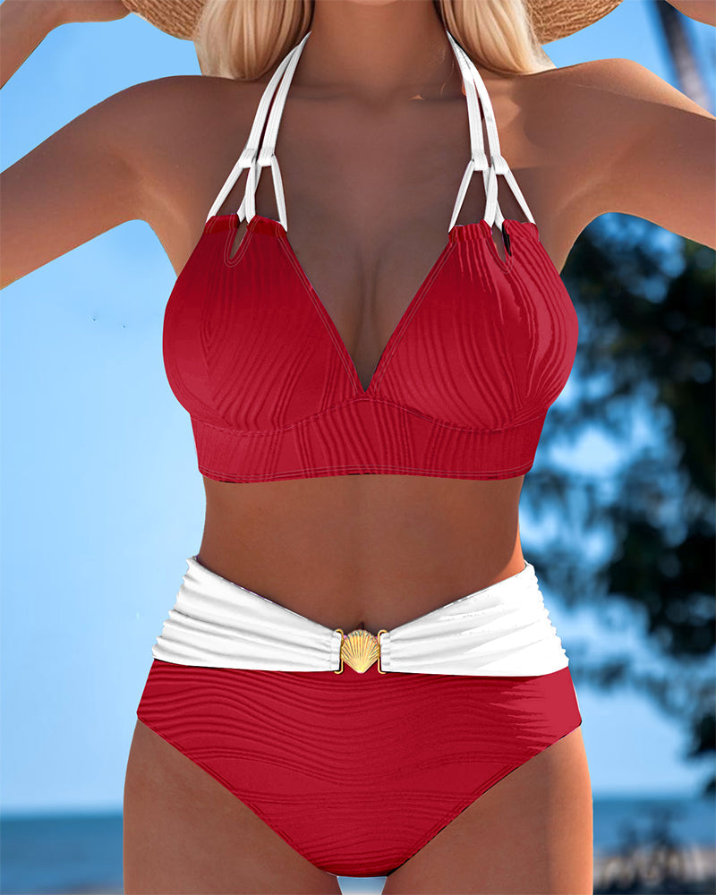 Women’s high-waisted double strap swimsuit, red top with white contrast waistband, striped