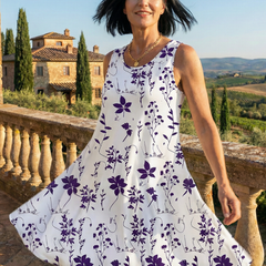 Aurelien simple garden dress, sleeveless white with purple floral print, wide flared skirt