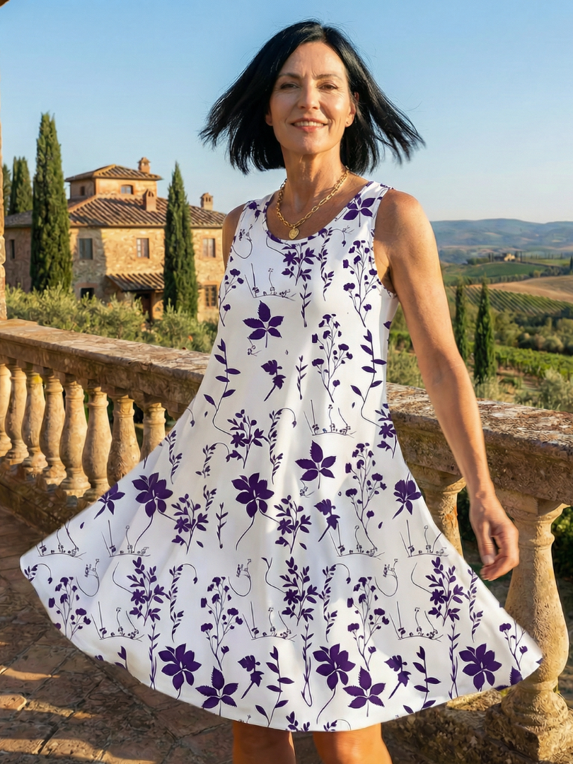 Aurelien simple garden dress, sleeveless white with purple floral print, wide flared skirt