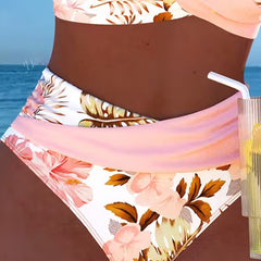 Floral contrast split bikini bottoms in pink and white with solid pink waistband