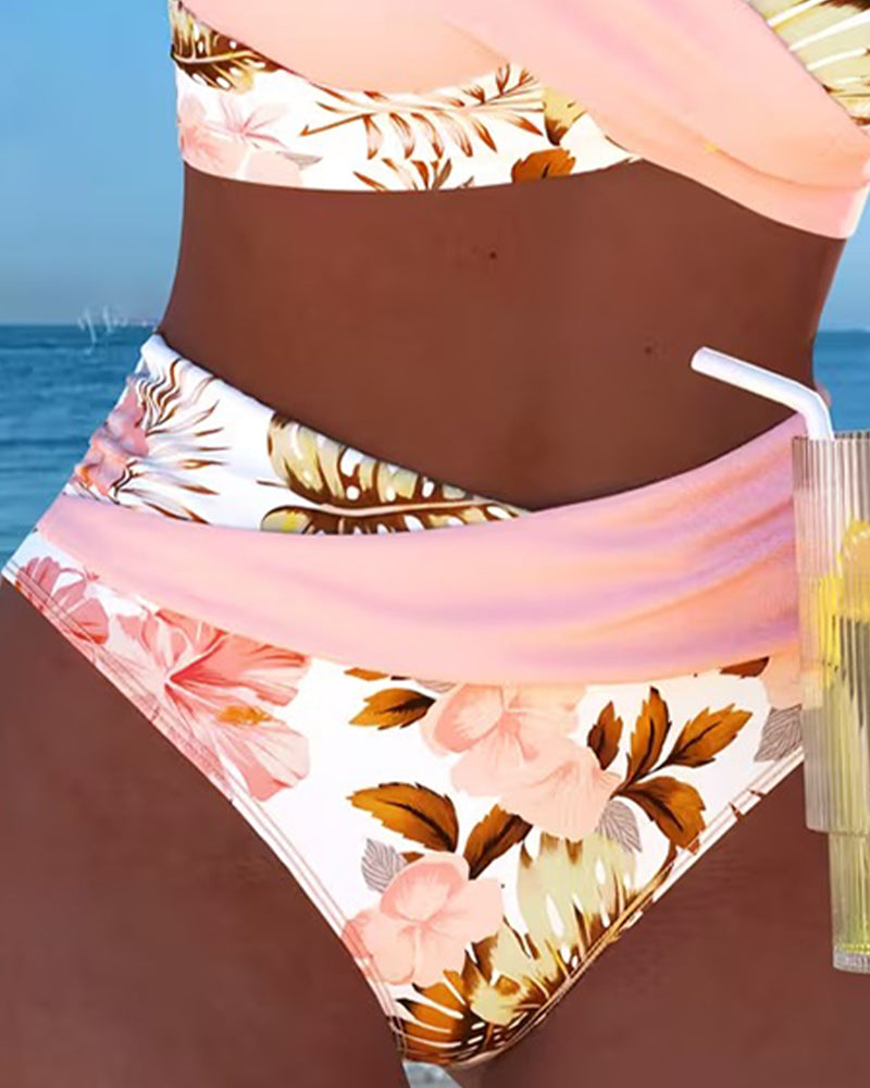 Floral contrast split bikini bottoms in pink and white with solid pink waistband
