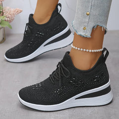 Black knit lace-up sneakers with rhinestone pattern and white-and-black platform sole