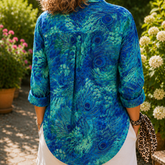 Florina peacock-grace blouse back, blue printed 3/4 sleeves
