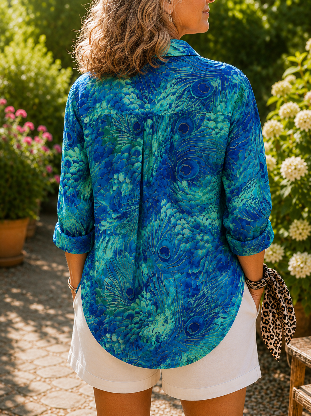 Florina peacock-grace blouse back, blue printed 3/4 sleeves