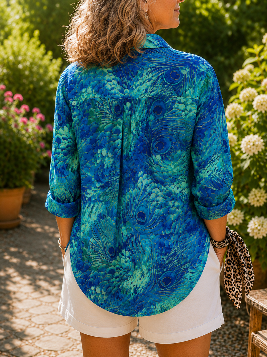 Florina peacock-grace blouse back, blue printed 3/4 sleeves