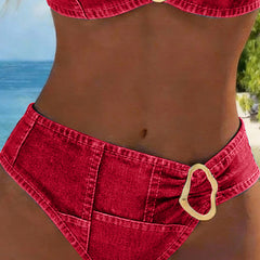 Red denim-style high-waist bikini bottom with center oval metal buckle detail