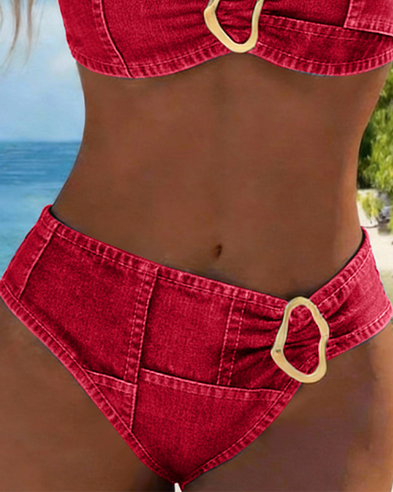 Red denim-style high-waist bikini bottom with center oval metal buckle detail