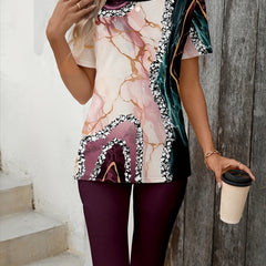 Two-piece stretch set: pink-white printed short-sleeve top, maroon capri leggings