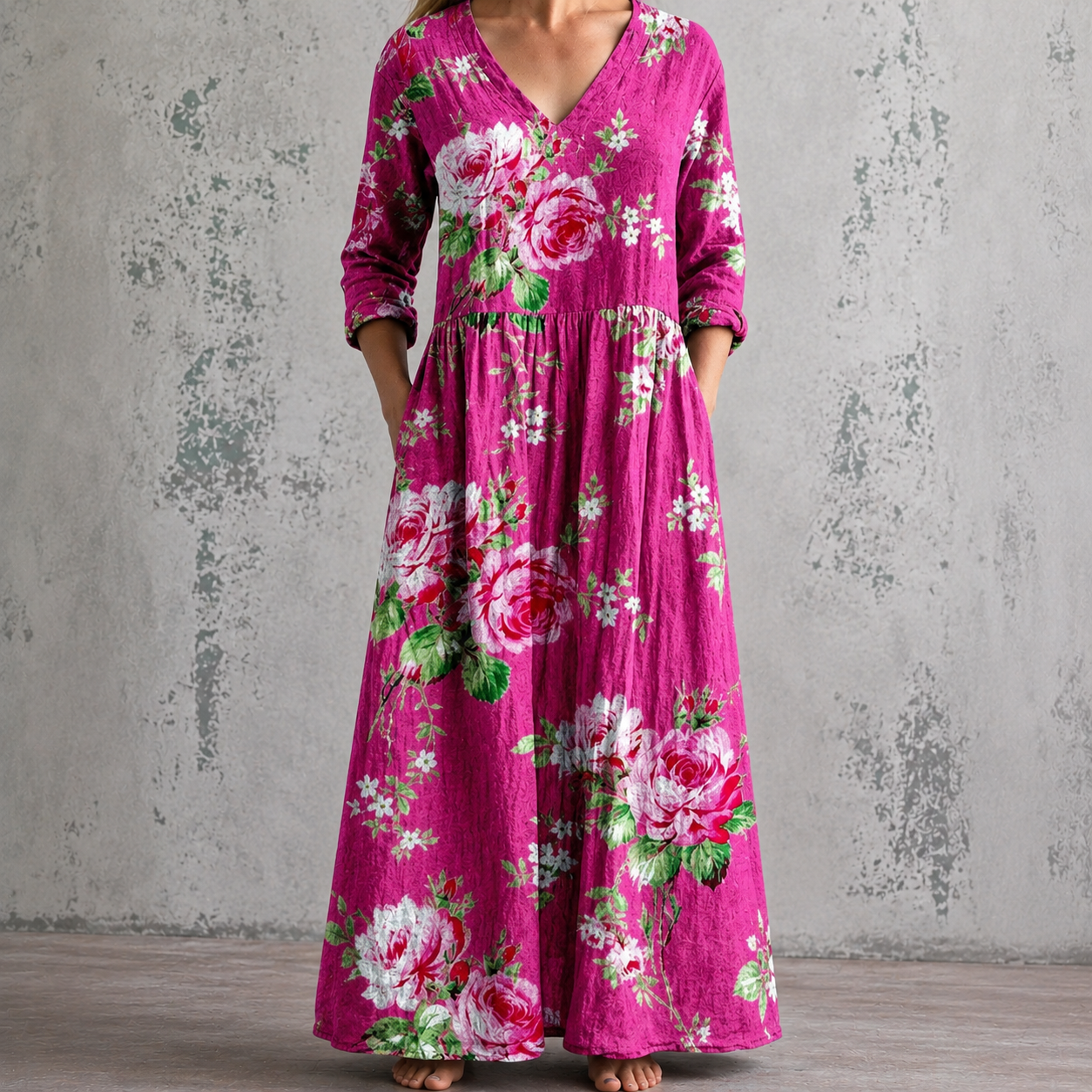 Magenta floral maxi dress with V-neck, rose print, and 3/4 sleeves