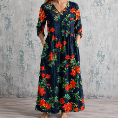 WENDY™ floral summer dress: dark navy V-neck, red-orange floral print, 3/4 sleeves