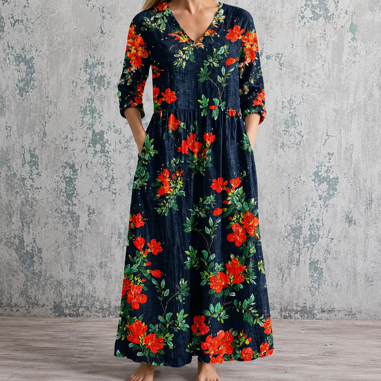 WENDY™ floral summer dress: dark navy V-neck, red-orange floral print, 3/4 sleeves