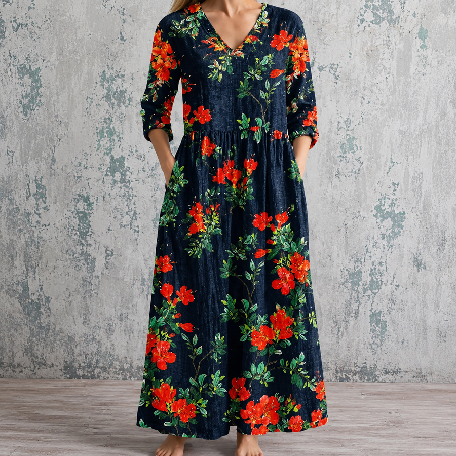 WENDY™ floral summer dress: dark navy V-neck, red-orange floral print, 3/4 sleeves