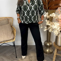Olive green casual long-sleeve blouse with white linked oval pattern and relaxed fit