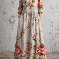Floral summer dress in light gray with pink rose print, V-neck, 3/4 sleeves, maxi length