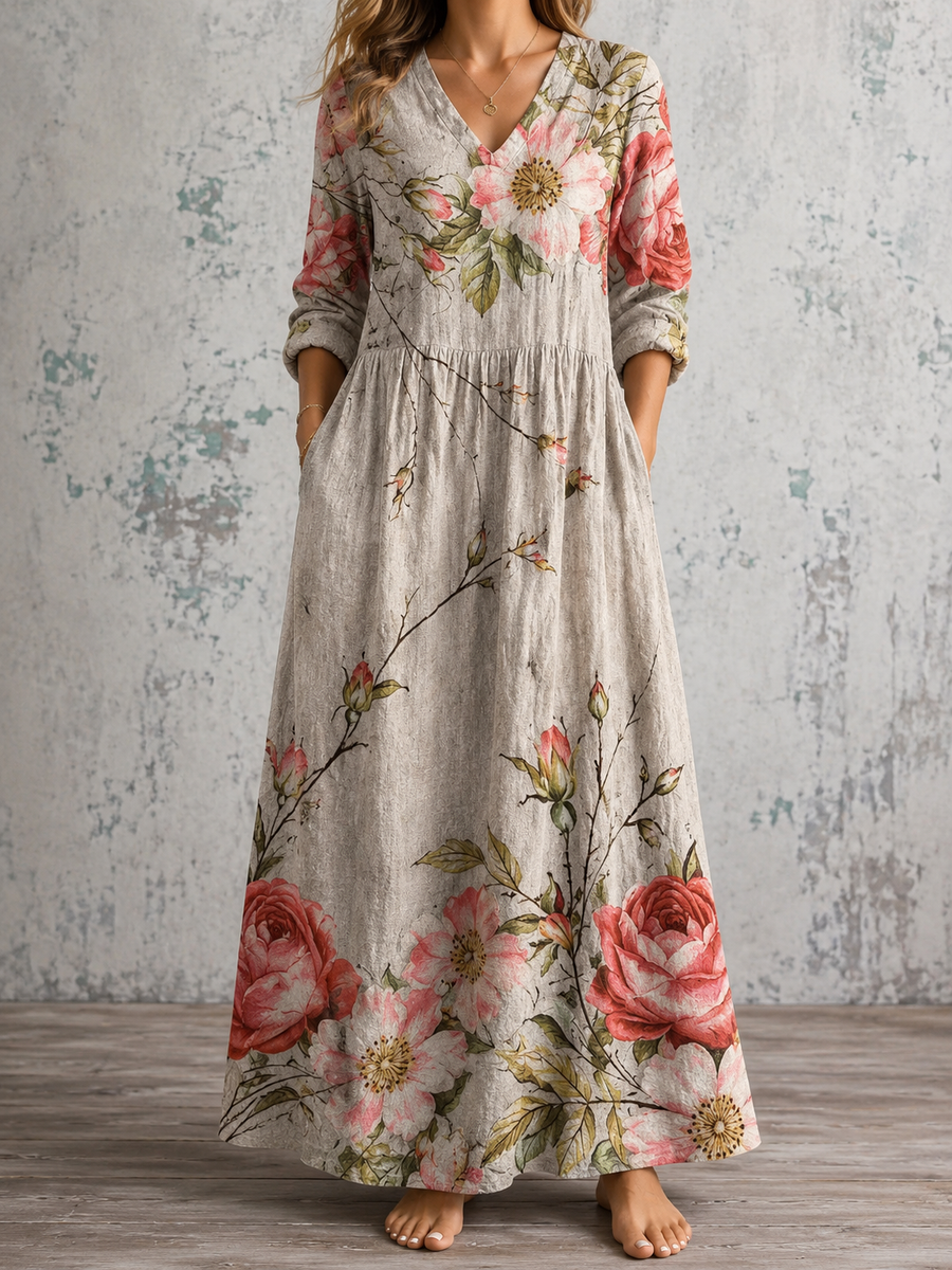 Floral summer dress in light gray with pink rose print, V-neck, 3/4 sleeves, maxi length
