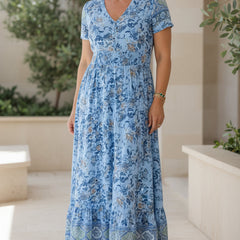 Ocean blue floral maxi dress, V-neck, short sleeves, gathered waist, tiered hem