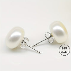 Round white pearl stud earrings on 925 silver posts