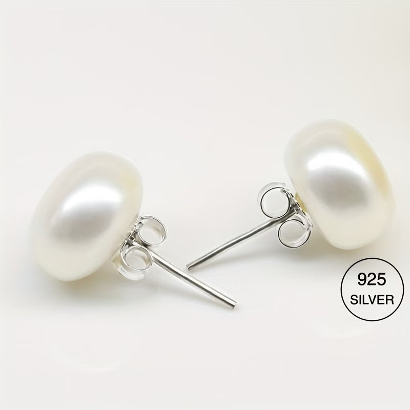 Round white pearl stud earrings on 925 silver posts