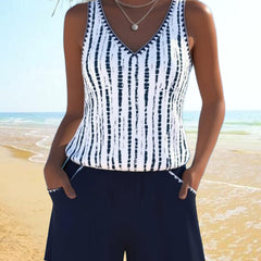 Navy two-piece V-neck swimsuit set with sleeveless stripe tank and matching shorts