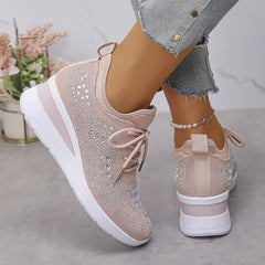 Rose pink comfort sneakers, lace-up knit upper with white wedge sole