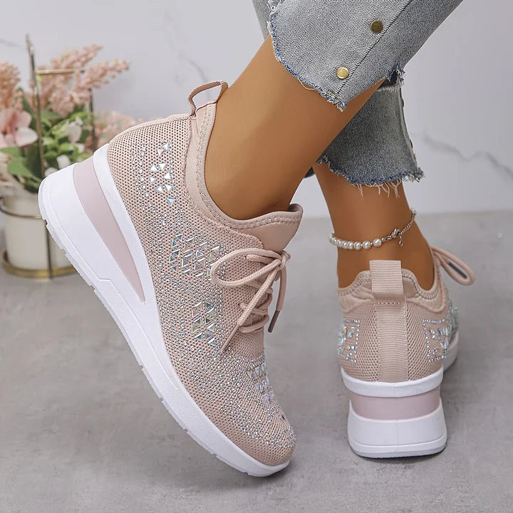 Rose pink comfort sneakers, lace-up knit upper with white wedge sole