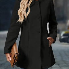 Black single-breasted tailored coat with rounded buttons, notch lapels, and pockets