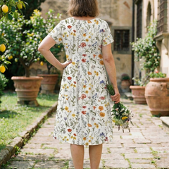 White wildflower print dress with short sleeves and scoop neckline, back view