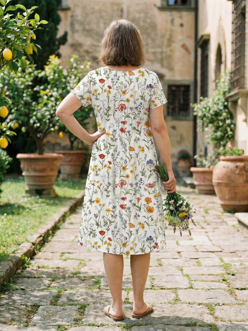 White wildflower print dress with short sleeves and scoop neckline, back view