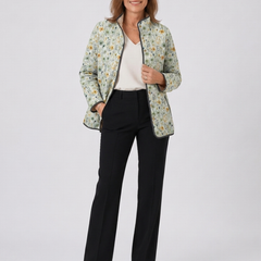 Floral quilted jacket with multicolour print, black trim, zip-front, long sleeves