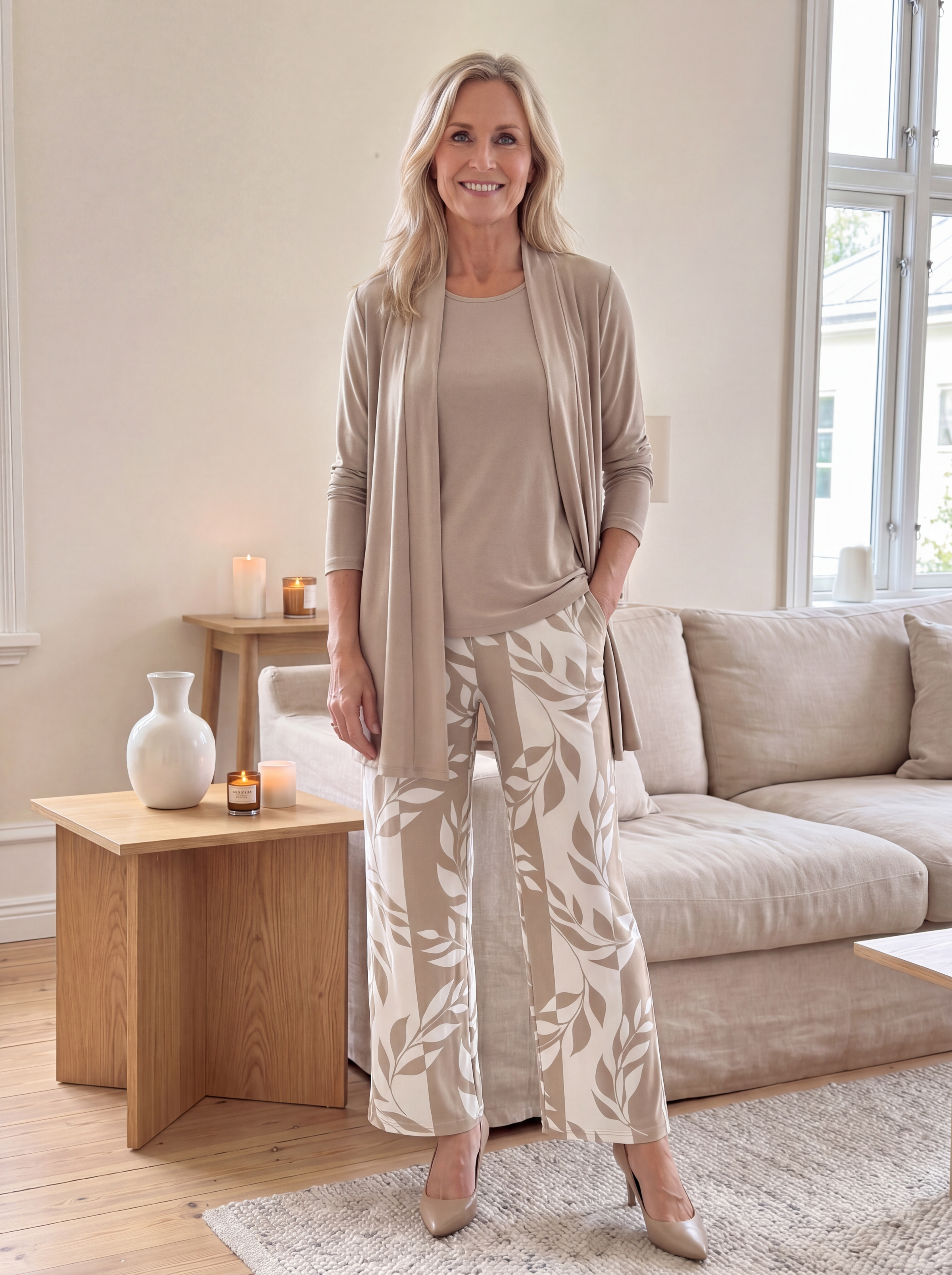 Beige three-piece casual set: draped cardigan, knit top, leaf-print wide-leg pants