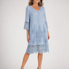 Light blue embroidered lace trim shift midi dress with 3/4 sleeves