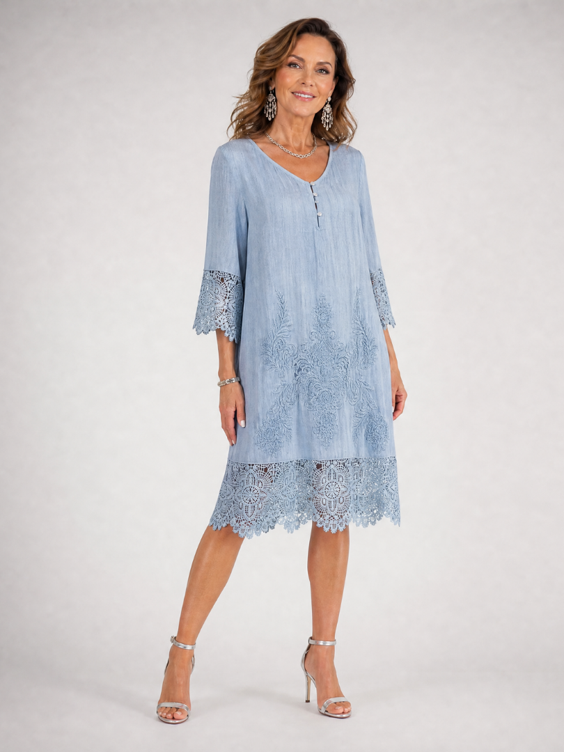 Light blue embroidered lace trim shift midi dress with 3/4 sleeves